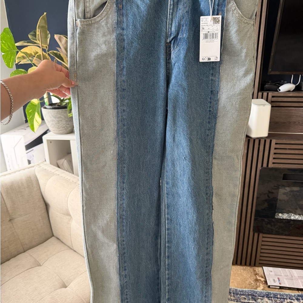 Mango - Two-Tone Panel Straight Leg Jeans - Light & Medium Blue
